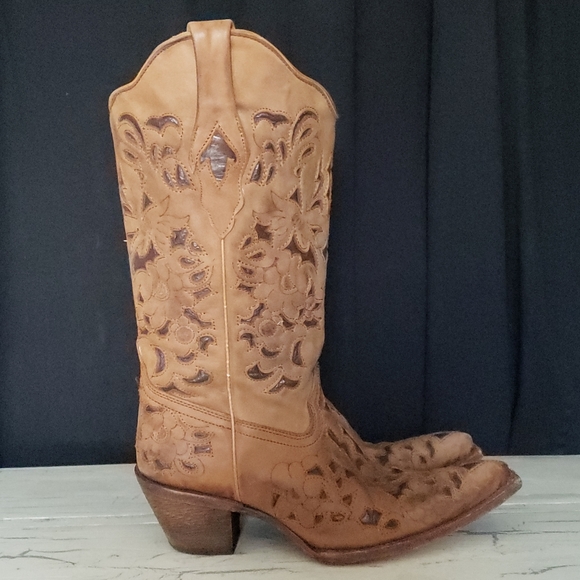 Corral Vintage Floral Inlay style C1961 Cowboy Boots in Saddle Tan - Women's 8 M - Picture 3 of 16